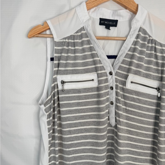 My Michelle Womens L Striped Sleeveless Blouse Zip Pocket High Low - Picture 2 of 8